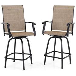 PHI VILLA Patio 3 PC Swivel Bar Sets Textilene High Bistro Sets, 2 Bar Stools and 1 Table, Brown