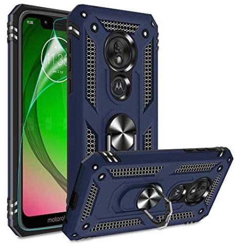 Moto G7 Power Phone Case,Moto G7 Supra Case with HD Screen Protector,Gritup 360 Degree Rotating Metal Ring Holder Kickstand Armor Anti-Scratch Bracket Cover Phone Case for Motorola G7 Power Blue