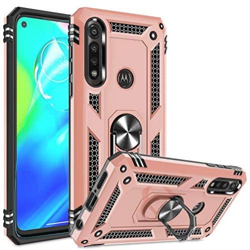 Motorola G Power Case, Moto G Power Phone Case with HD Screen Protector, Gritup 360 Degree Rotating Metal Ring Holder Kickstand Armor Anti-Scratch Bracket Cover Case for Motorola G Power Rose Gold