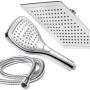 DreamSpa Ultra-Luxury 9'' Rainfall Shower Head/Handheld Combo. Convenient Push-Button Flow Control Button for easy one-handed operation. Switch flow settings with the same hand! Premium Chrome