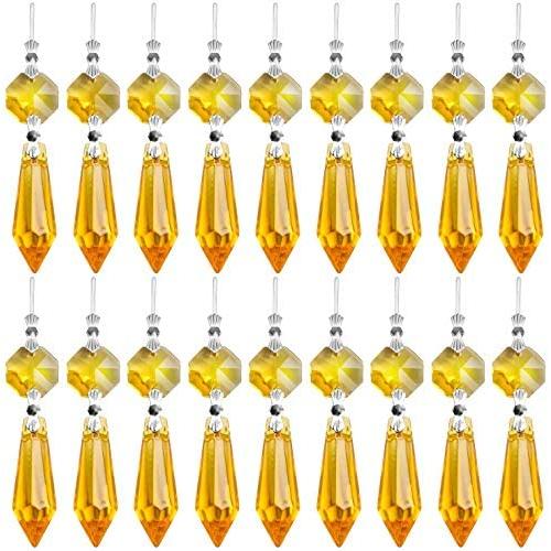 20 Pieces Chandelier Icicle Crystal U-Drop Prisms Lamp Parts Glass Pendants Beads for Wedding, Party or Holiday Decoration, 37mm, Yellow