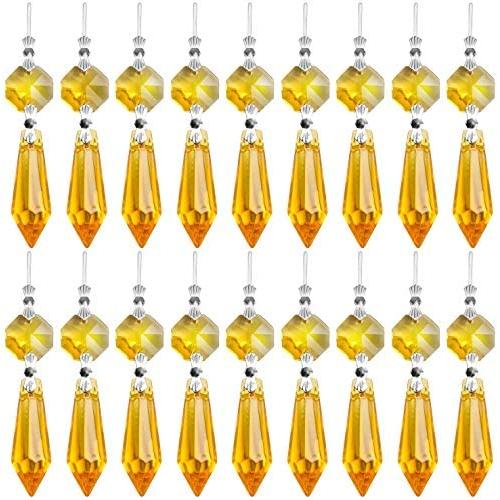 20 Pieces Chandelier Icicle Crystal U-Drop Prisms Lamp Parts Glass Pendants Beads for Wedding, Party or Holiday Decoration, 37mm, Yellow