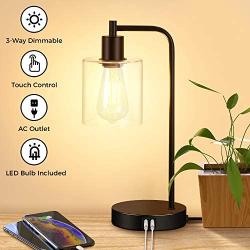 Set of 2 Industrial Touch Control Table Lamps with 2 USB Ports and AC Power Outlet, 3-Way Dimmable Bedside Nightstand Reading Lamps with Glass Shade for Bedroom Living Room Office 2 LED Bulbs Included