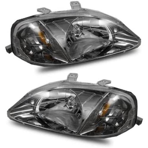 SPPC Crystal Headlights Gun Metal Assembly Set For Honda Civic - (Pair) Driver Left and Passenger Right Side Replacement Headlamp