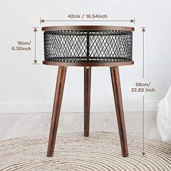 BATHWA Industrial Round End Table, Side Table with Metal Storage Basket, Vintage Accent Table, Wooden Look Furniture with Metal Frame, Easy Assembly (Brown)