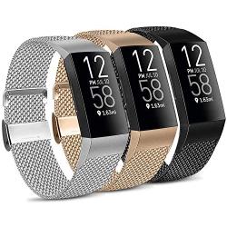 IEOVIEE Metal Loop Bands Compatible with Fitbit Charge 4 / Fitbit Charge 3 / Charge 3 SE Band, Adjustable Stainless Steel Magnetic Lock Replacement Wristbands (Large, 3PCS(Rosegold+Black+Silver))