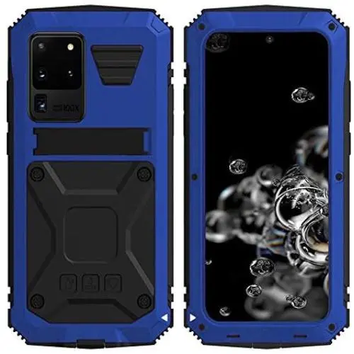 Simicoo Samsung S20 Ultra Metal Bumper Silicone Case Hybrid Military Shockproof Heavy Duty Rugged Defender case Built-in Screen Protector Stand Camera Lens Protector Cover for S20 Ultra (Blue)
