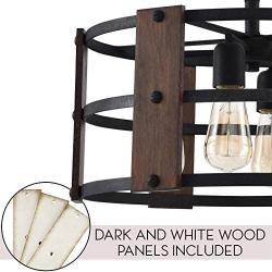 Kira Home Madera 17'' 4-Light Modern Farmhouse Chandelier + Wood and Metal Round Shade, 2 Wood Panel Styles (White Ash/Walnut), Coarse Black Finish