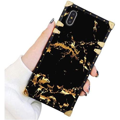 Square Case Compatible iPhone Xs iPhone X Case Gold Black Marble Luxury Elegant Soft TPU Shockproof Protective Metal Decoration Corner Back Cover iPhone XS/X/10 Case 5.8 Inch