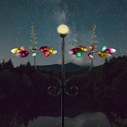 Solar Wind Spinner 3D Kinetic Wind Spinners Outdoor Metal Gardening Decorations with Multi-Color LED Lighting by Solar Powered Glass Ball with Lawn Ornament Wind Mills