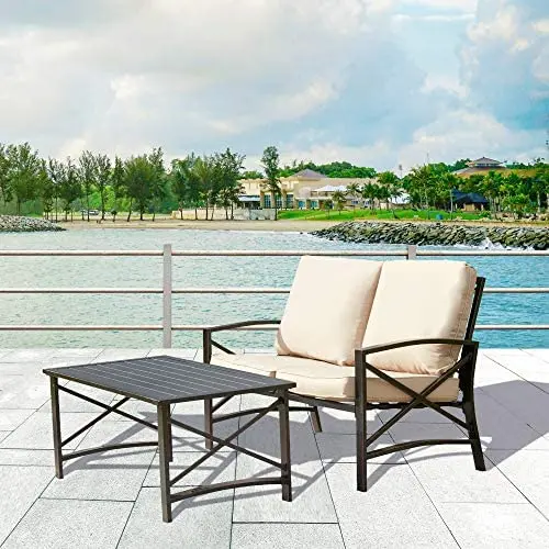 LOKATSE HOME 2 Pieces Patio Loveseat Metal Frame with Coffee Table Outdoor Bistro Furniture Set for Lawn Porch Garden Yard Poolside, Khaki LOKATSE HOME 2 Pieces Patio Loveseat Metal Frame with Coffee Table Outdoor Bistro Furniture Set for Lawn Porch Garden Yard Poolside, Khaki