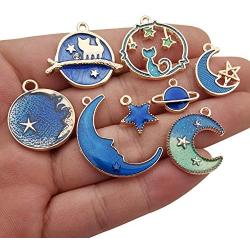 Youdiyla 40pcs Blue Enamel Moon Star Planet Charms Collection, Mix Metal Pendant Supplies Findings for Jewelry Making (HM275)