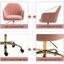 HOMHUM Modern Velvet Home Office Computer Desk Task Chair with Wheels, Mid-Back Adjustable Swivel with Arms Chair, Pink Vanity Chair with Gold Metal Base