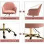 HOMHUM Modern Velvet Home Office Computer Desk Task Chair with Wheels, Mid-Back Adjustable Swivel with Arms Chair, Pink Vanity Chair with Gold Metal Base