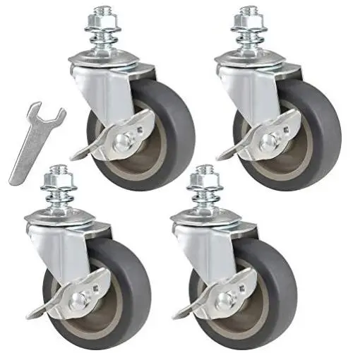 JEMVOTIC Caster Wheels, 1/2”-13x1”(Screw Diameter 1/2”, Screw height 1”) Threaded Stem Casters, 3” Grey Rubber Casters with Brake, Casters Set of 4, No Noise Swivel Casters, 4 Pack Locking Casters