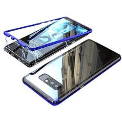 Compatible Galaxy Note 8 Case, Slim Magnetic Adsorption Metal Frame with Built-in Magnet Flip Tempered Glass Cover with a Screen Protector Flim, Black-Blue