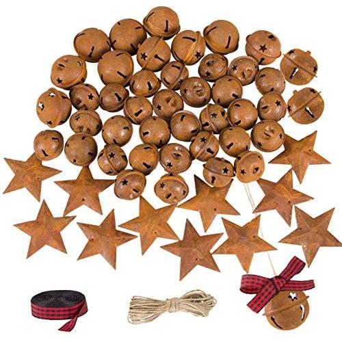 Alphatool 50Pcs Rusty Metal Jingle Bells and Stars- Star Cutout Christmas Sleigh Bells 30pcs 1inch and 10pcs 1.2inch Bells, 10pcs 1.8inch Stars with Twine Plaid Ribbon for Xmas Holiday Decor DIY Craft