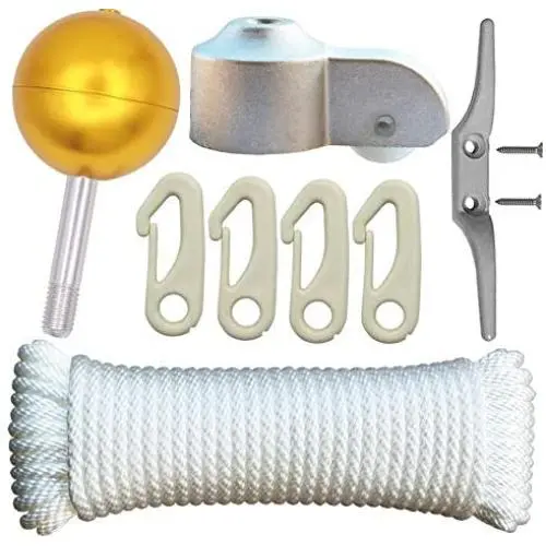 Flagpole Repair Parts Kit - 50 Feet Flag Halyard Rope + 3'' Flag Pole Topper Gold Ball + 4'' Cleat Hook + 4 PCS Flag Clip Hooks + Flagpole Truck Caps for 2'' Top Flagpole Repair Parts Kit - 50 Feet Flag Halyard Rope + 3'' Flag Pole Topper Gold Ball + 4'' Cleat Hook + 4 PCS Flag Clip Hooks + Flagpole Truck Caps for 2'' Top