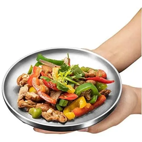 Qualizon 18/8 Stainless Steel Double Layer Round Dinner Plate Good Quality Heat Isolation Dish Set of 2-piece (9Inch) Qualizon 18/8 Stainless Steel Double Layer Round Dinner Plate Good Quality Heat Isolation Dish Set of 2-piece (9Inch)