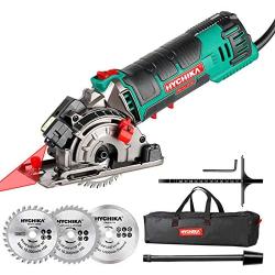 Mini Circular Saw, HYCHIKA Compact Circular Saw Tile Saw with 3 Saw Blades 4A Pure Copper Motor, 3-3/8”4500RPM Ideal for Wood, Soft Metal, Tile and Plastic Cuts, Laser Guide, Scale Ruler