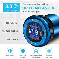 2-Pack Quick Charger 3.0 Dual USB Car Charger Socket with Voltmeter & Switch, Metal Waterproof 36W 12V Power Outlet Fast Charger for Car Boat Marine ATV Truck and More