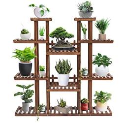 Tooca Plant Stand Wood Indoor, 9-Tier, 47-inch Height, Stylish Plant Shelf Steady Vertical Outdoor, Tiered Plant Ladder, Display Storage Rack, Carbonized, with 3 Gardening Tools