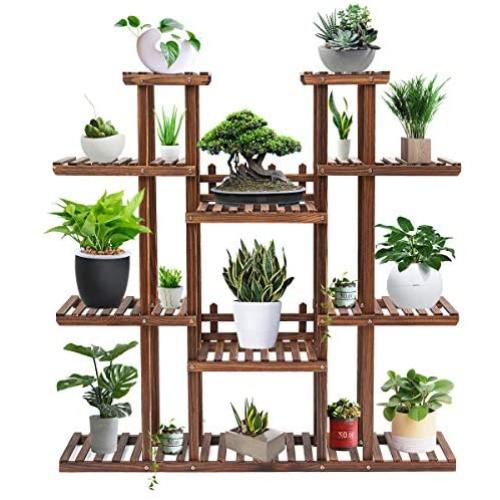 Tooca Plant Stand Wood Indoor, 9-Tier, 47-inch Height, Stylish Plant Shelf Steady Vertical Outdoor, Tiered Plant Ladder, Display Storage Rack, Carbonized, with 3 Gardening Tools