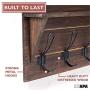 Wall Mounted Coat Rack with Shelf - 16 Inch Rustic Wooden 4 Hook Coat Hanger Rail, White Distressed Wood, Black Metal Hooks