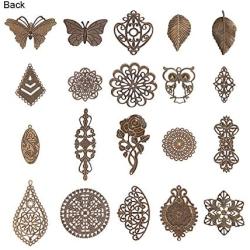 PH PandaHall 120pcs 19 Style Antique Bronze Filigree Connectors Charms Pendants Findings Iron Metal Embellishments for DIY Hairpin Headwear Earring Jewelry Making, Nickel Free