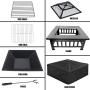 Sibosen Fire Pit, 32'' Fire Pits Outdoor Wood Burning Square Metal Firepit Table w/Mesh Spark Screen, BBQ Grill, Log Grate, Poker, Firepit Cover for Camping Picnic Bonfire Patio Backyard Garden