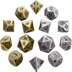 Jovitec 14 Pieces Metal Solid Zinc Alloy Game D&D Dices Set Durable Polyhedral Dice with Printed Numbers and Velvet Storage Bags for Game, Dungeons and Dragons, RPG, Math Teaching (B)