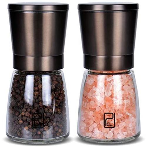 Premium Black Stainless Steel Salt and Pepper Grinder Set With Stand in Bamboo Wood - Gunmetal Salt and Pepper Shakers with Adjustable Coarseness - Bronze Pepper Mill and Salt Grinders Shaker set