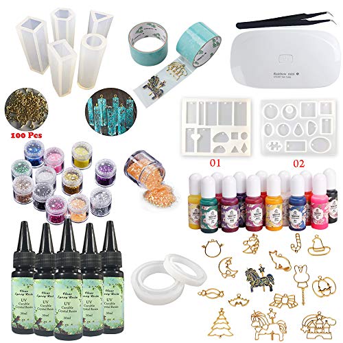 5 Pieces 30ML Crystal Epoxy Resin 17 Metal Jewelry with Tape,9Pcs Transparant Silicone Mould With 100 Rings, 13 Color Liquid Pigment 12 Glitter Sequins With Lamp For DIY Jewelry Earrings Necklace