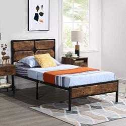 VECELO Twin Bed Frame Metal Platform with Wooden Headboard & Footboard Mattress Foundation Strong Metal Slats Support No Box Spring Replacement/Easy Assemble