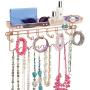 mDesign Decorative Metal Closet Wall Mount Jewelry Accessory Organizer for Storage of Necklaces, Bracelets, Rings, Earrings, Sunglasses, Wallets - 8 Large /11 Small Hooks, 1 Basket - Rose Gold