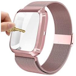 Maxjoy Compatible with Fitbit Versa Bands, Versa 2 Stainless Steel Metal Band Mesh Replacement Bracelet Wristband with Protective Case Compatible with Fitbit Versa 2 1 Watch, Rose Gold