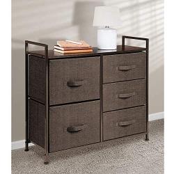 mDesign Wide Dresser Storage Tower - Sturdy Steel Frame, Wood Top, Easy Pull Fabric Bins - Organizer Unit for Bedroom, Hallway, Entryway, Closets - Textured Print, 5 Drawers - Espresso Brown