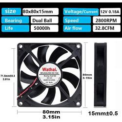 Wathai DC Coolng Fan 80x80x15mm 80mm 12V Dual Ball Bearing Brushless Case Cooler Fans