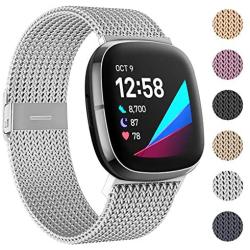 HAPAW Metal Bands Compatible with Fitbit Sense/Versa 3, Breathable Stainless Steel Replacement Sport Bracelet Strap Wristbands Women Men Accessories with Magnet Lock for Sense Advanced Smartwatch