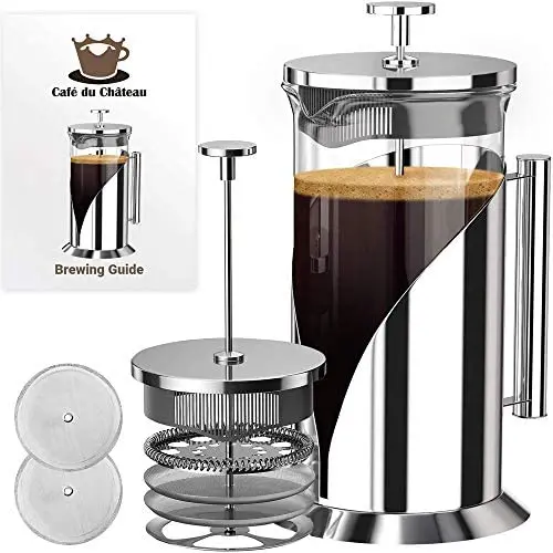 Cafe Du Chateau French Press Coffee Maker (34 oz) - 4 Level Filtration System - Heat Resistant Borosilicate Glass, Stainless Steel Cafe Du Chateau French Press Coffee Maker (34 oz) - 4 Level Filtration System - Heat Resistant Borosilicate Glass, Stainless Steel
