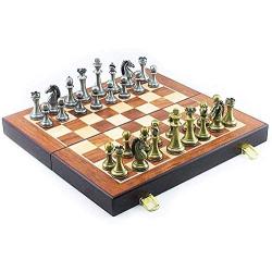 LINWEI Chess Set Board Game for Kids Adult Draughts Chess Set,Metal Chess Set Portable Game of International Chess Wooden Folding Chess Board King Height 67mm Chess Game Casual Puzzle Part A0-290B