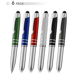 Stylus Pen for Touchscreen Devices, Tablets, iPads, iPhones, Multi-Function Capacitive Pen with LED Flashlight, Ballpoint Ink Pen, 3-in-1 Metal Pen, Multi,6PK