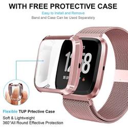 Maxjoy Compatible with Fitbit Versa Bands, Versa 2 Stainless Steel Metal Band Mesh Replacement Bracelet Wristband with Protective Case Compatible with Fitbit Versa 2 1 Watch, Rose Gold