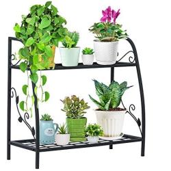 Indefree 2-Tier Metal Plant Stand - Multiple Flower Pot Holder Shelves Planter Rack Storage Organizer Display for Indoor Outdoor Garden Balcony