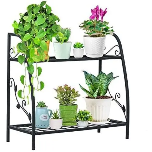 Indefree 2-Tier Metal Plant Stand - Multiple Flower Pot Holder Shelves Planter Rack Storage Organizer Display for Indoor Outdoor Garden Balcony