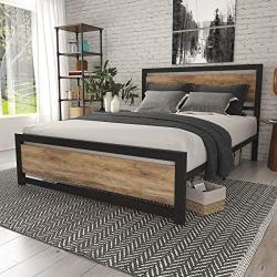 SHA CERLIN Queen Bed Frame with Modern Wooden Headboard/Heavy Duty Platform Metal Bed Frame with Square Frame Footboard & 12 Strong Steel Slat Support/No Box Spring Needed