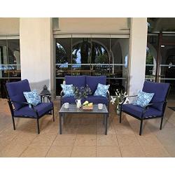 MFSTUDIO 4 Piece Outdoor Metal Furniture Sets Patio Cushioned Conversation Set with 4 Free Pillows for Home, Porch, Lawn, (Loveseat, Coffee Table, 2 Single Chair),Navy-Blue