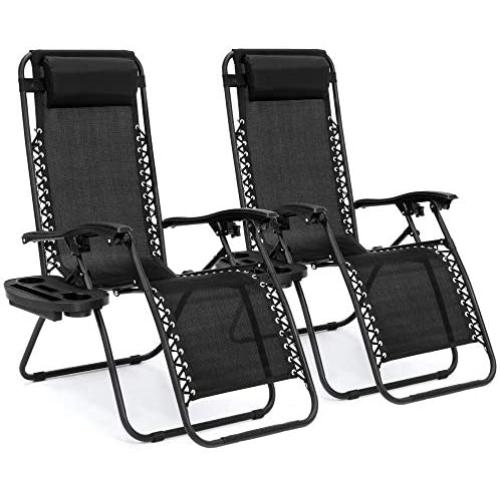 Best Choice Products Set of 2 Adjustable Steel Mesh Zero Gravity Lounge Chair Recliners w/Pillows and Cup Holder Trays, Black