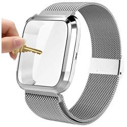 Maxjoy Compatible with Fitbit Versa Bands, Versa 2 Stainless Steel Metal Band Mesh Replacement Bracelet Wristband with Protective Case Compatible with Fitbit Versa 2 1 Watch, Silver