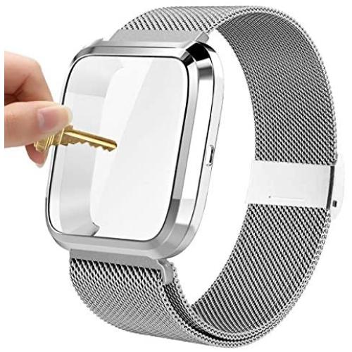 Maxjoy Compatible with Fitbit Versa Bands, Versa 2 Stainless Steel Metal Band Mesh Replacement Bracelet Wristband with Protective Case Compatible with Fitbit Versa 2 1 Watch, Silver